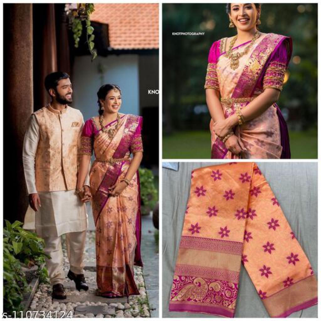 Orange, Pink kanjivaram Cotton Silk saree - Karuna Creation