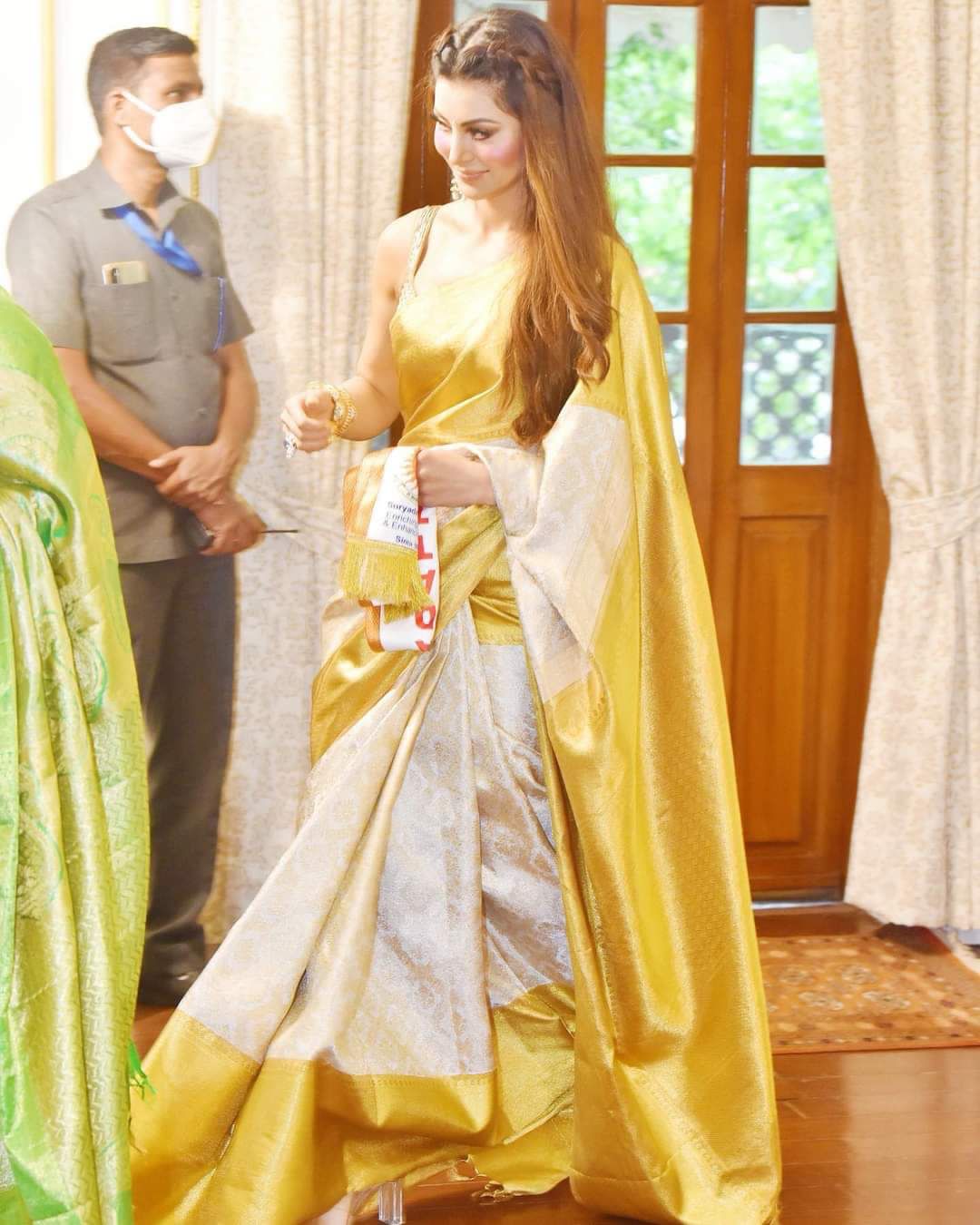 Yellow temple Border pure Silk saree - Karuna Creation