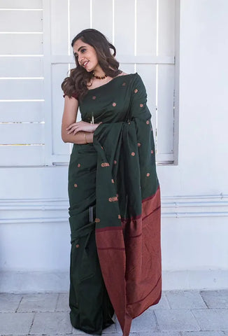 Green Banarasi Silk Woven Wedding & Party Wear Saree With Unstiched Blouse - Karuna Creation