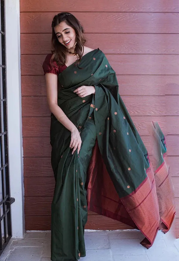 Green Banarasi Silk Woven Wedding & Party Wear Saree With Unstiched Blouse - Karuna Creation