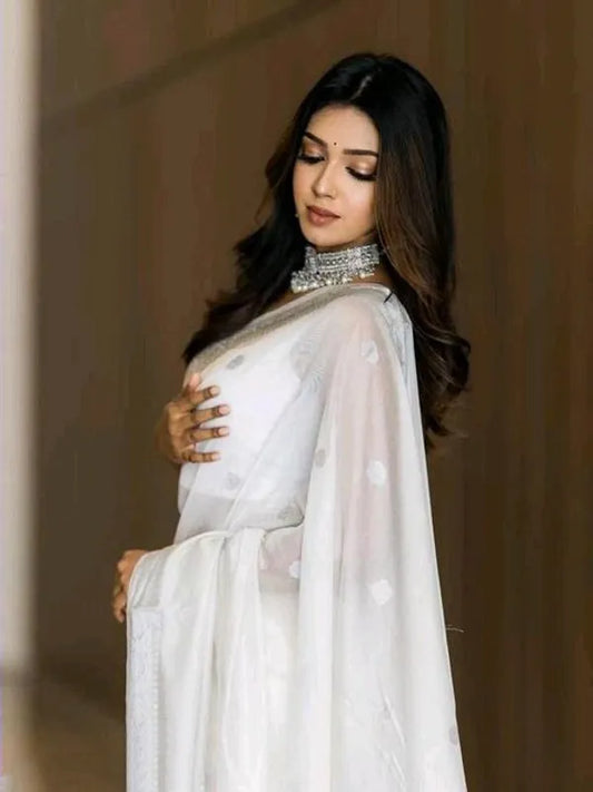 White Banarasi Silk Woven Wedding & Party Wear Saree With Unstiched Blouse - Karuna Creation
