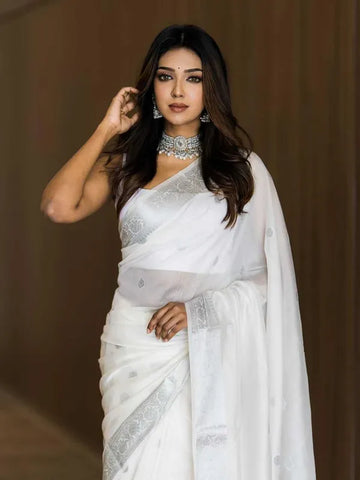 White Banarasi Silk Woven Wedding & Party Wear Saree With Unstiched Blouse - Karuna Creation