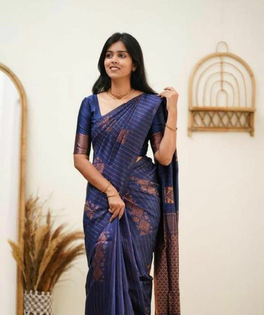 Blue Banarasi Silk Woven Wedding & Party Wear Saree With Unstiched Blouse - Karuna Creation