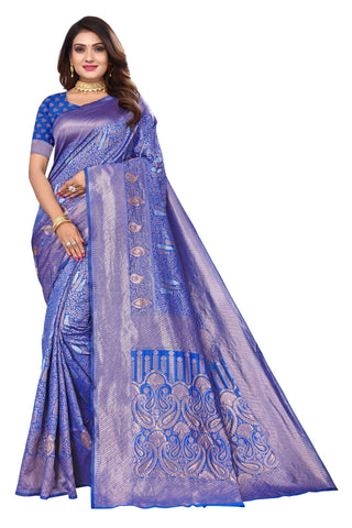 Blue banarasi cotton silk saree - Karuna Creation
