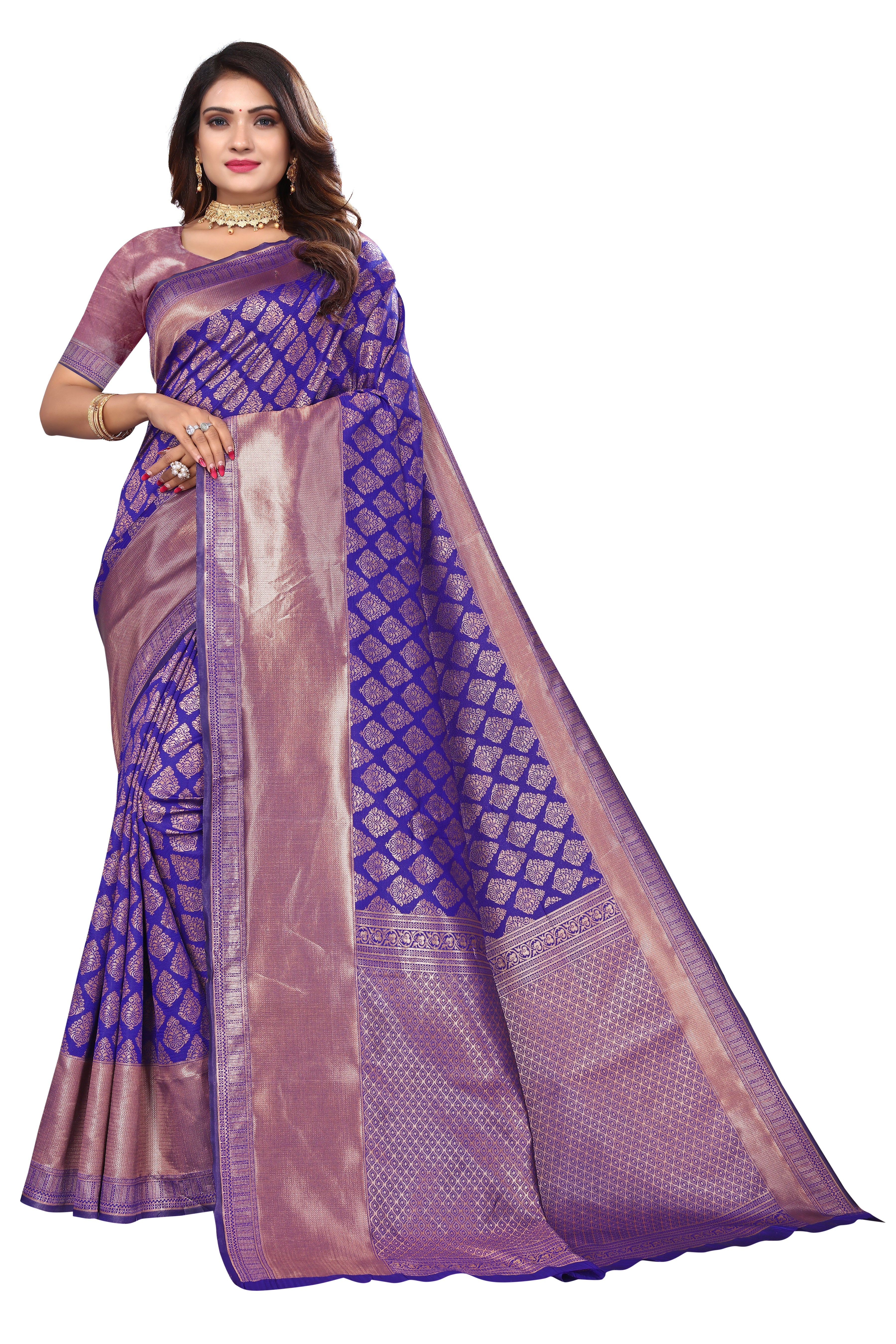 Fancy banarasi cotton silk saree (purple) - Karuna Creation