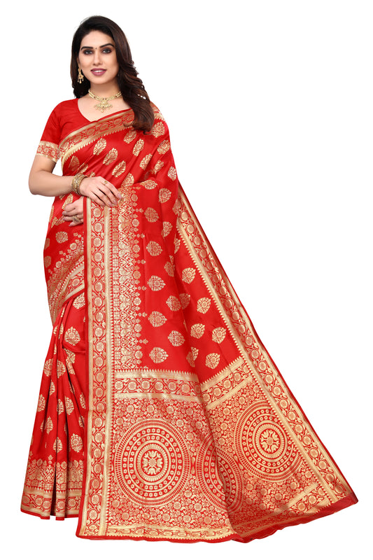 Red graphic Print arani pattu Cotton Silk, Art Silk Saree - Karuna Creation