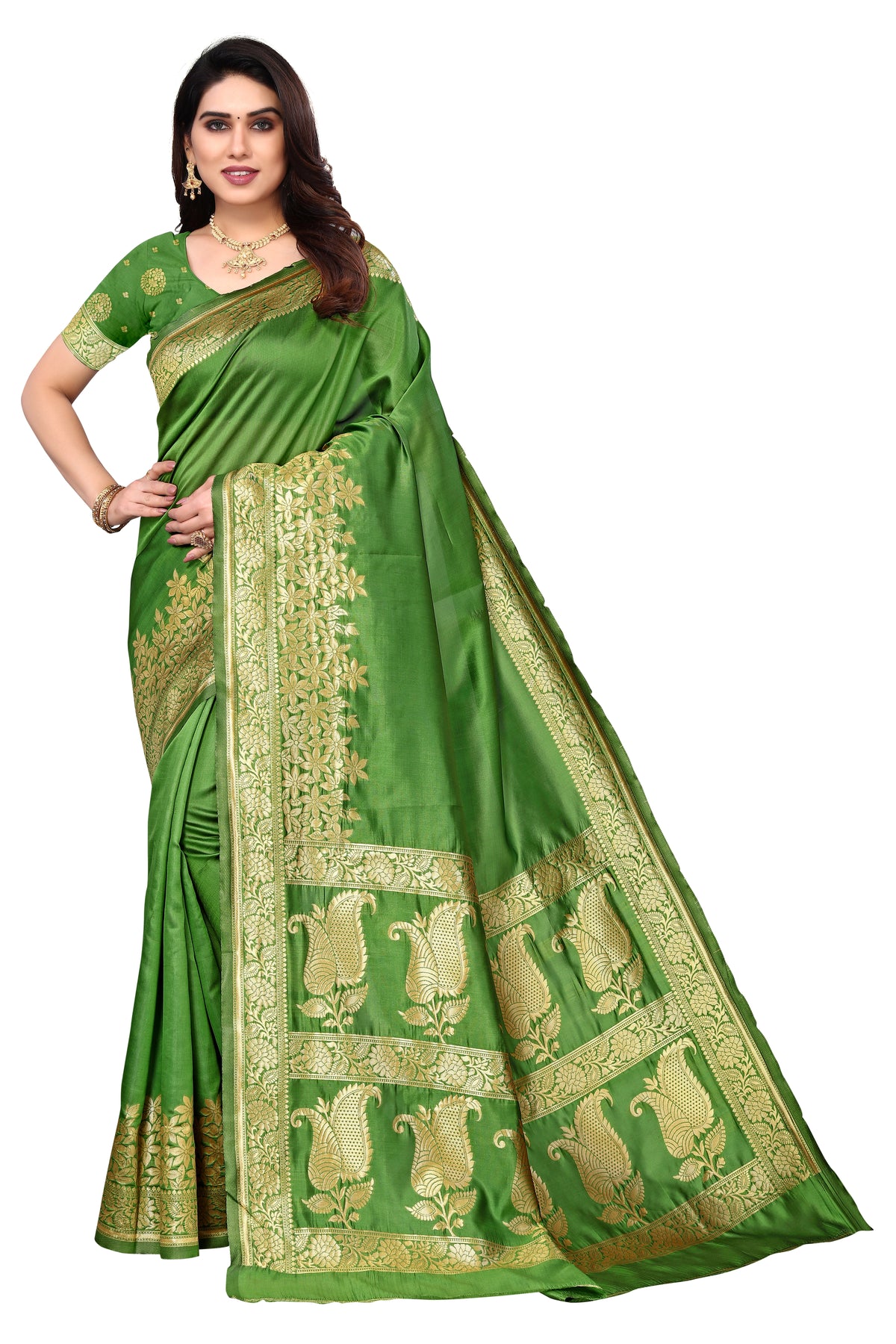 Green, Gold Cotton Linen Saree - Karuna Creation
