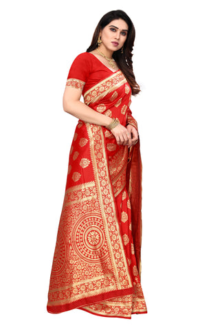 Red graphic Print arani pattu Cotton Silk, Art Silk Saree - Karuna Creation