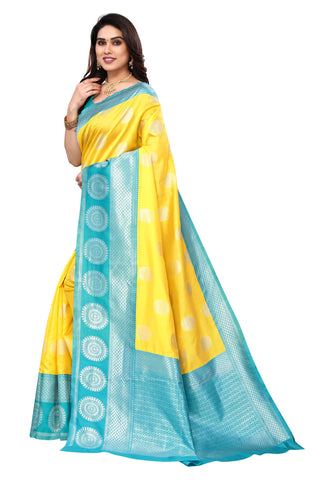 Yellow, Blue banarasi cotton silk - Karuna Creation