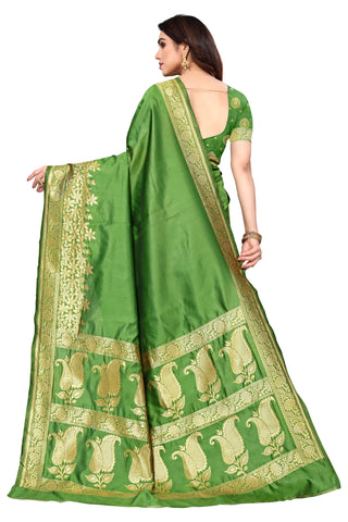 Green, Gold Cotton Linen Saree - Karuna Creation